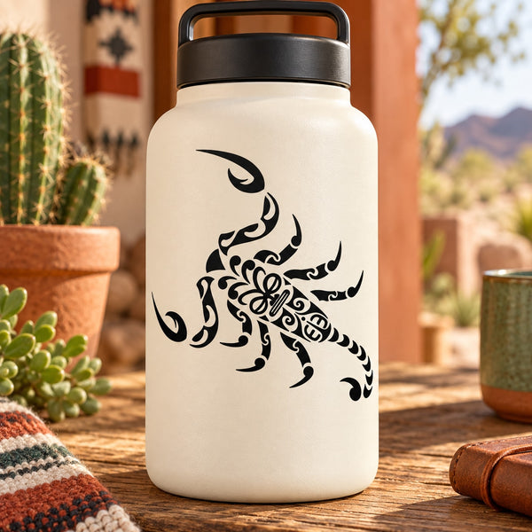 Water bottle with tribal scorpion decal and black lid