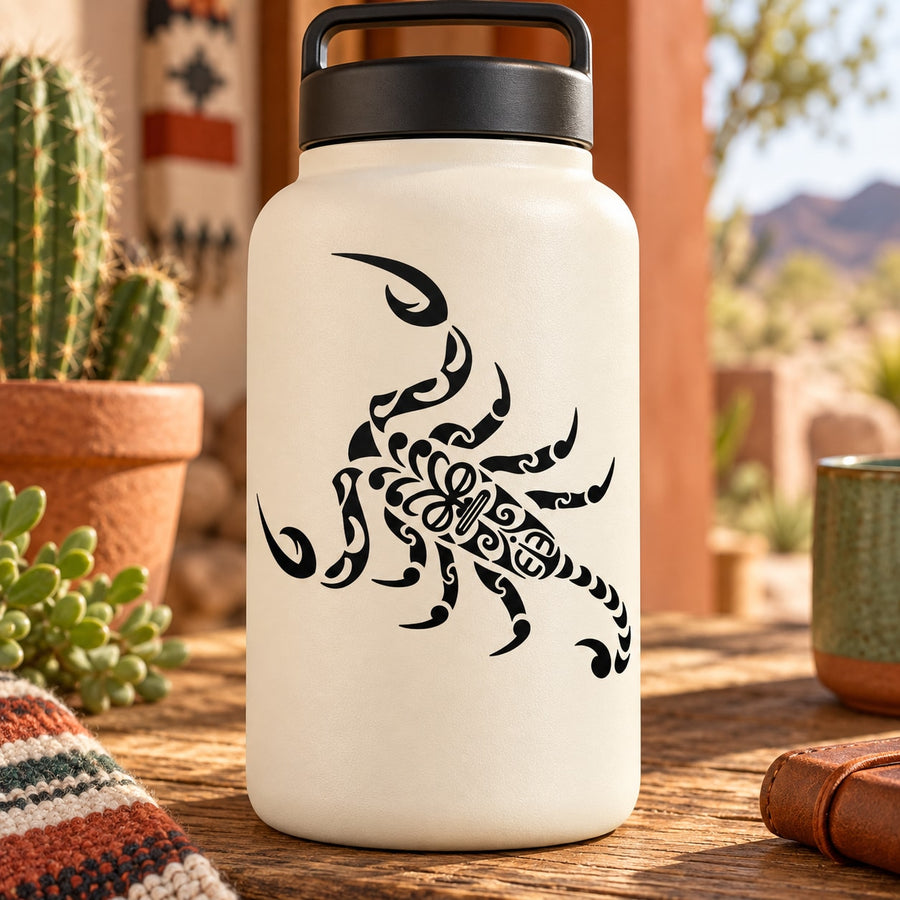 Water bottle with tribal scorpion decal and black lid