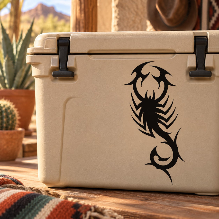 Black scorpion tribal decal on off-white cooler lid