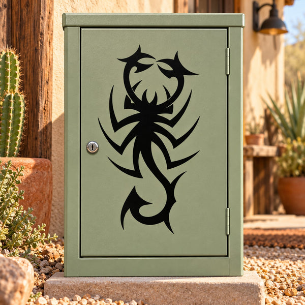 Black abstract scorpion decal with spiky crawler design on a green mailbox door