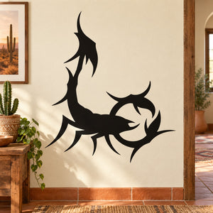 Black spiky scorpion wall decal with raised tail and claws.