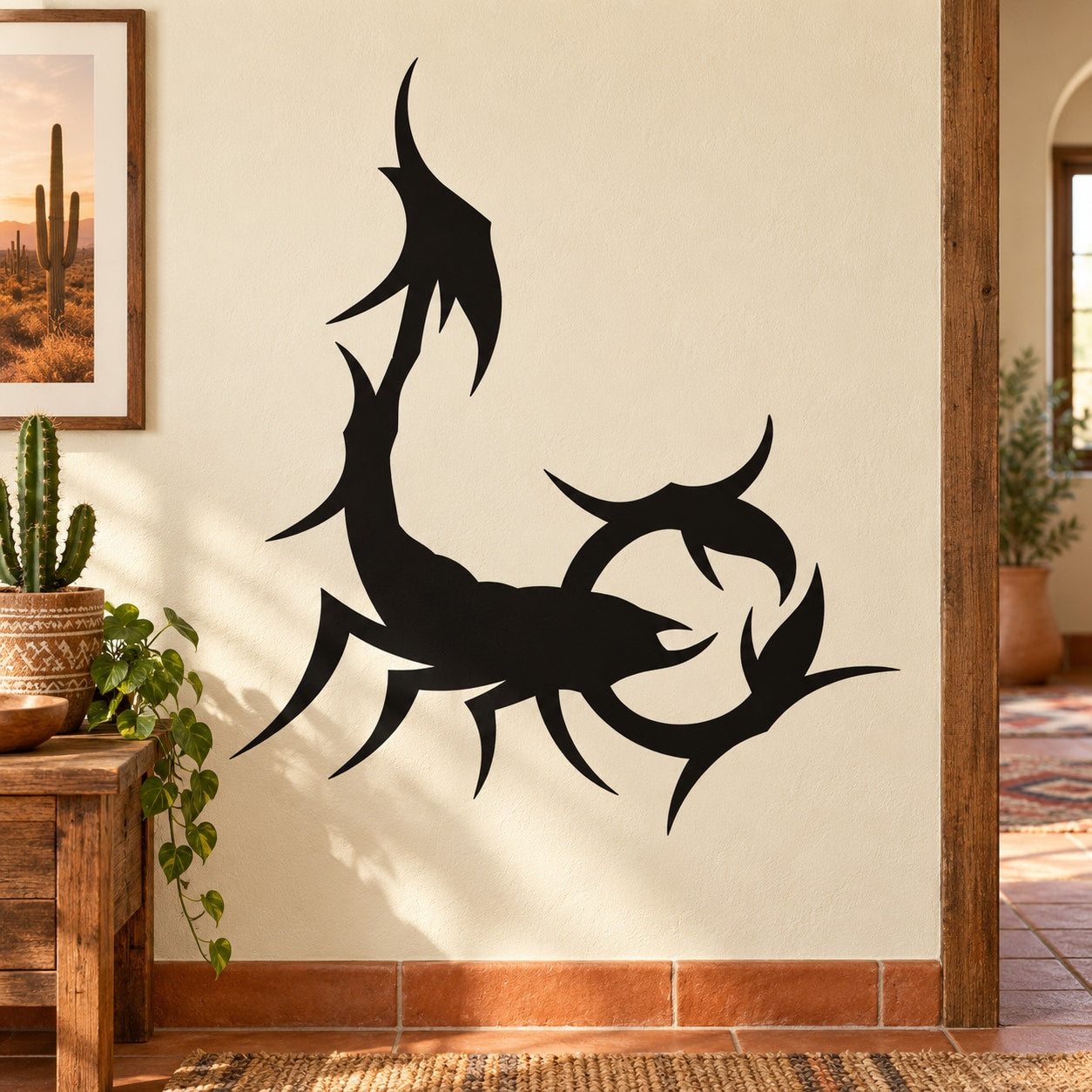 Black spiky scorpion wall decal with raised tail and claws.