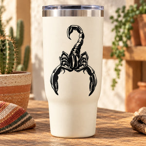 Cream tumbler with black hunter scorpion decal centered on the front