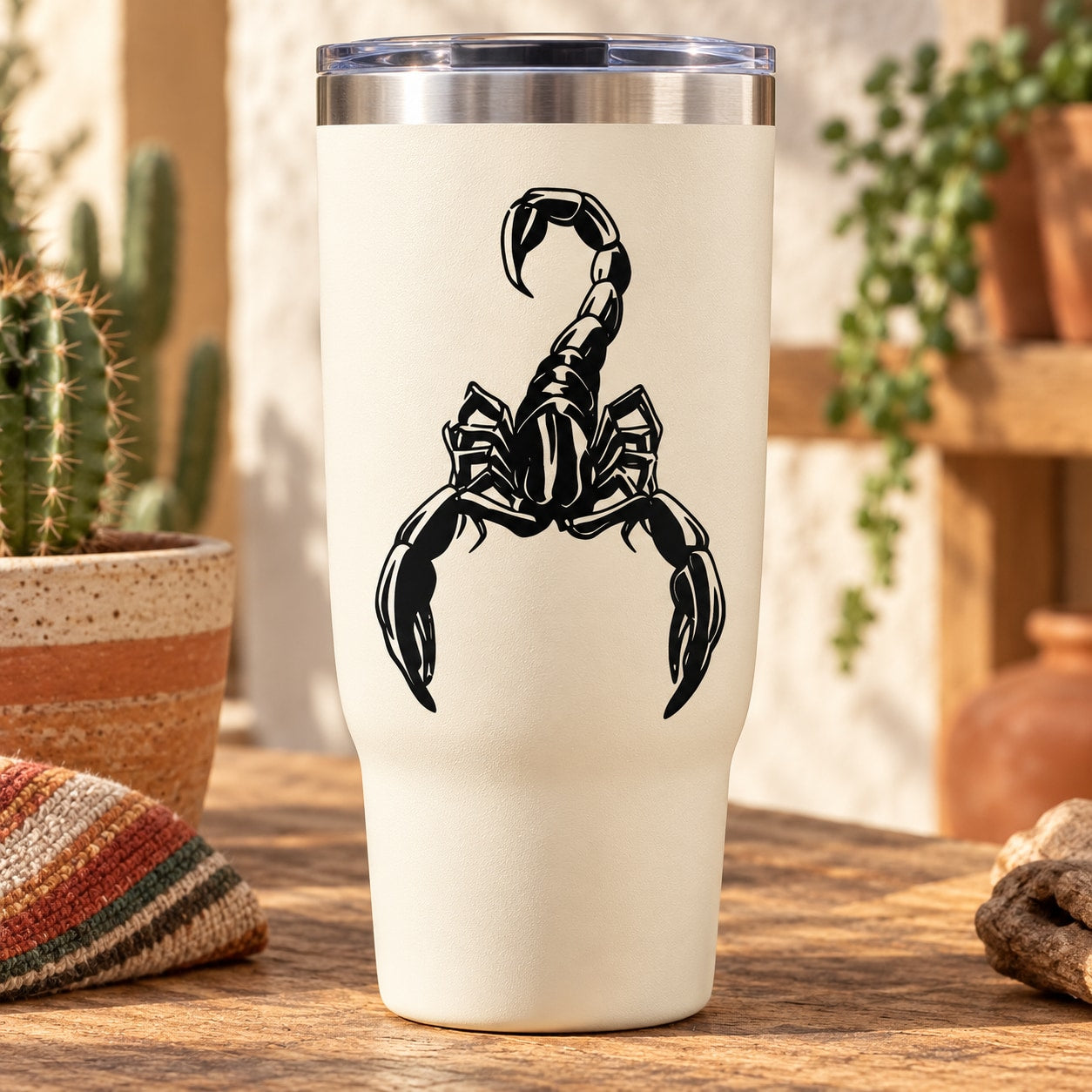 Cream tumbler with black hunter scorpion decal centered on the front