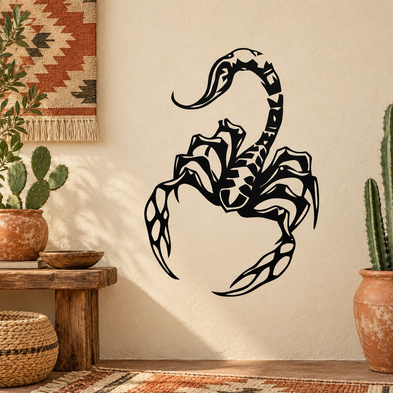 Black scorpion wall decal with curled tail and raised claws