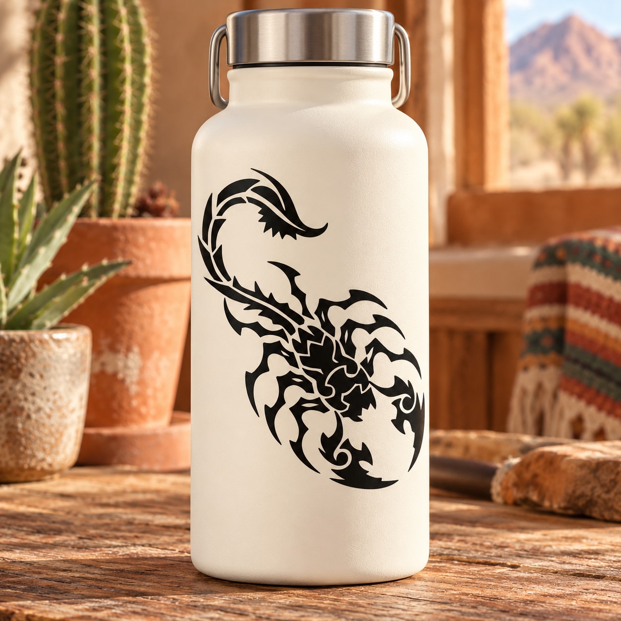 Scorpion decal on white water bottle with black scorpion design
