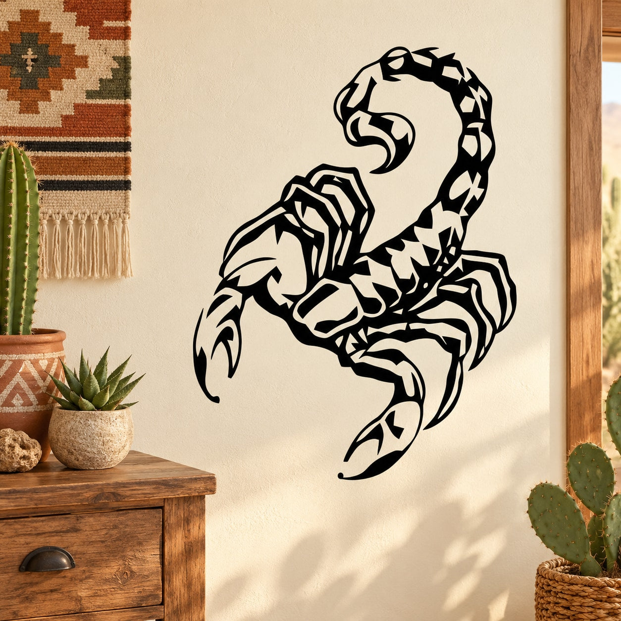 Black scorpion wall decal with arched tail and claws, bold outline design