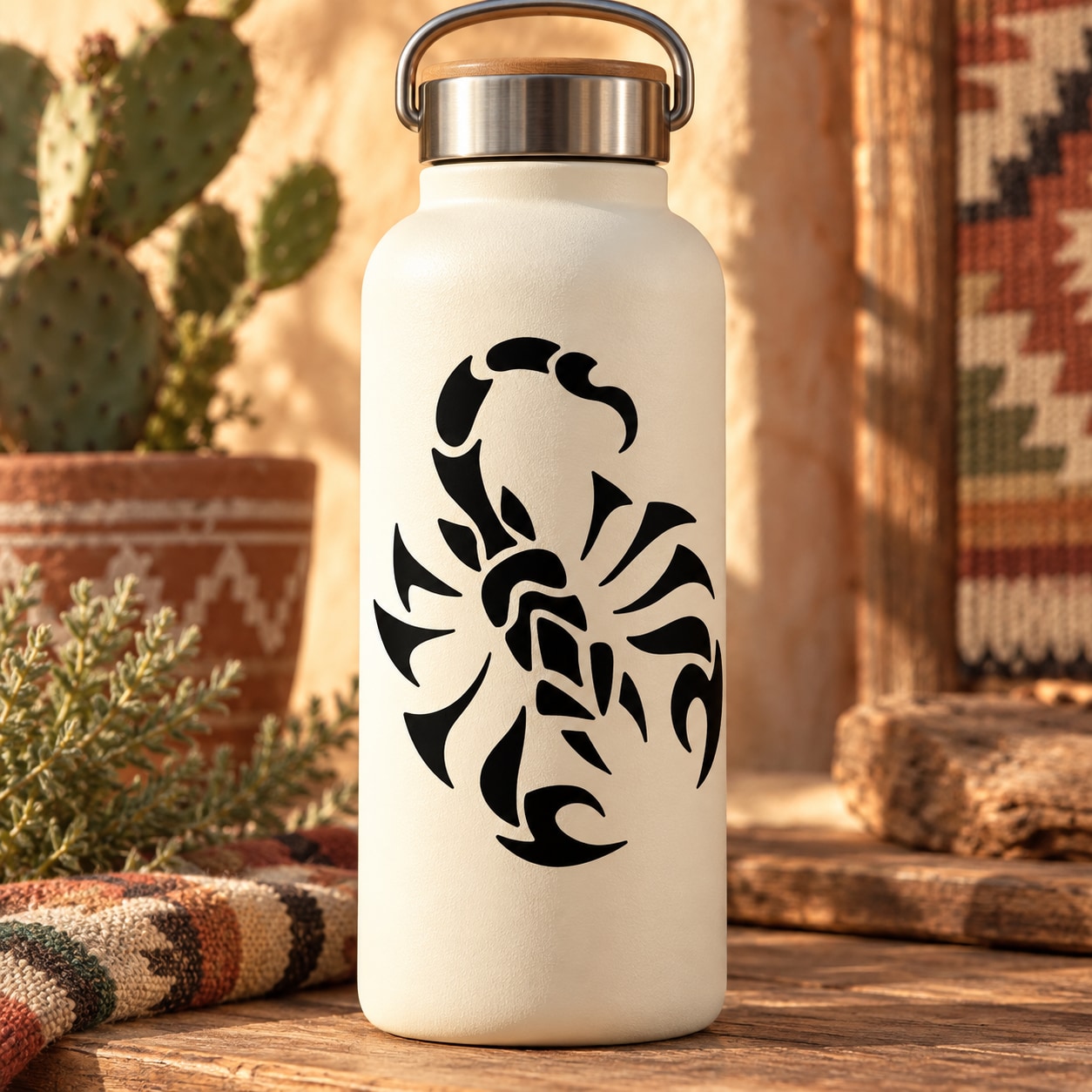 Black scorpion decal with detailed swirl design on a white bottle.