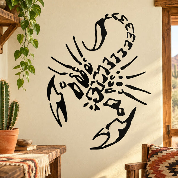 Black sprawled scorpion wall decal with bold linework on a light surface
