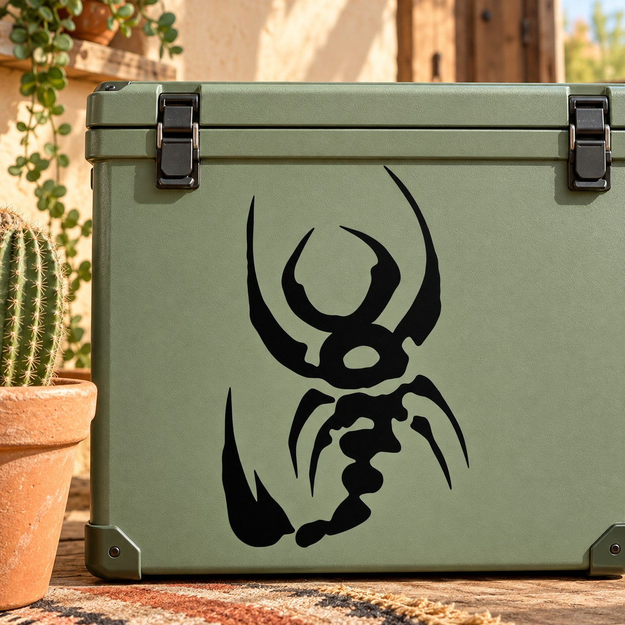 Black scorpion and tail decal on green surface
