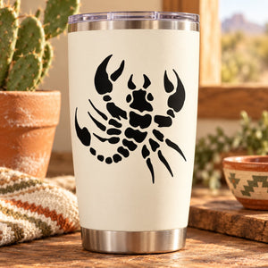 Scorpion turning decal on white tumbler with bold black scorpion graphic