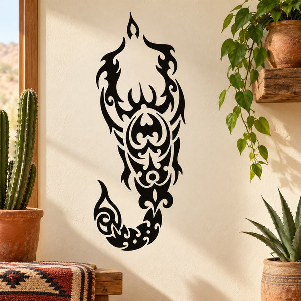 Black scorpion flame decal with ornate tribal swirls and curled tail