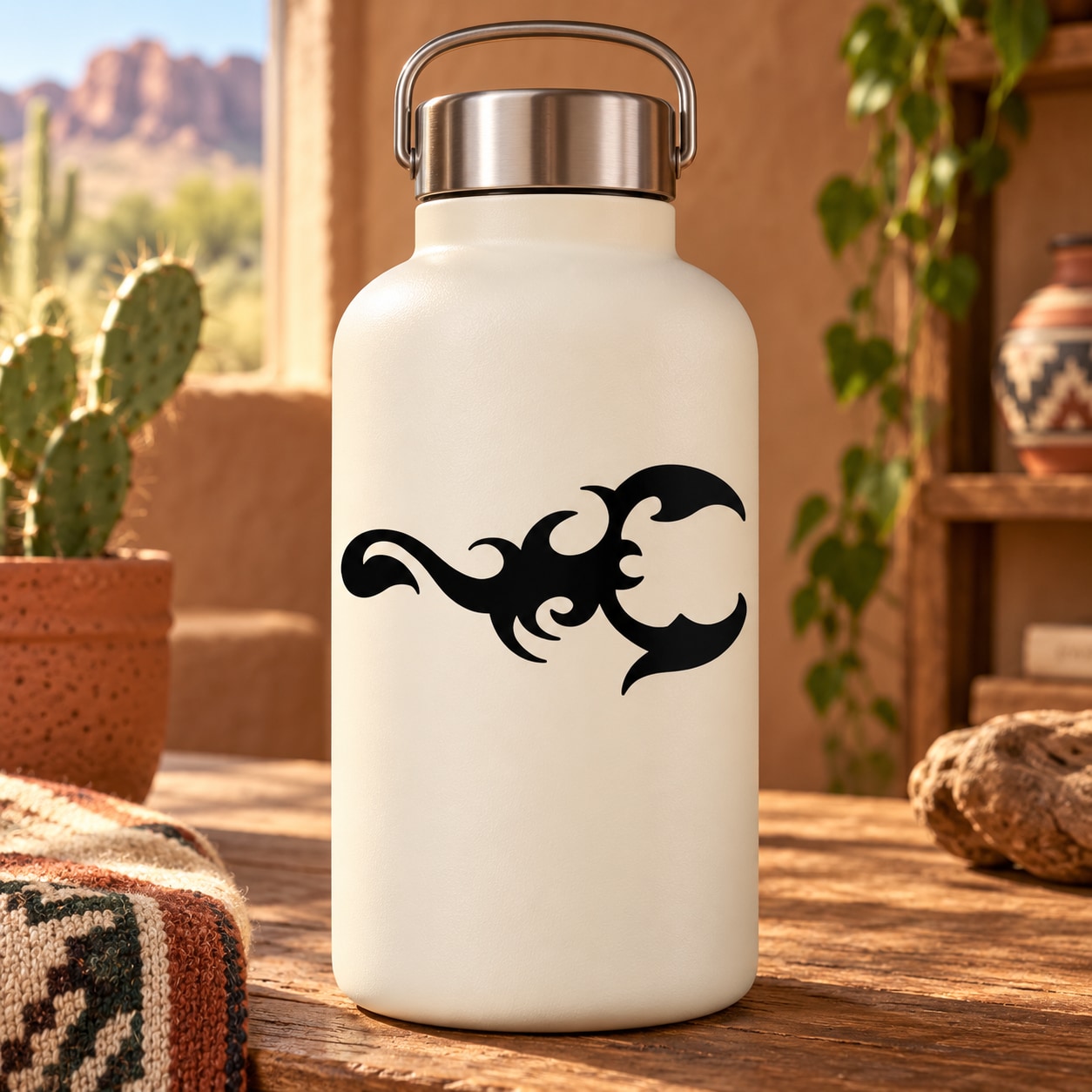 White bottle with black scorpion decal centered on the front