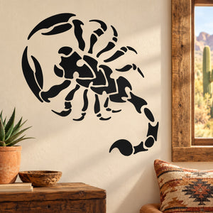 Black tattered scorpion wall decal with curved claws and segmented tail