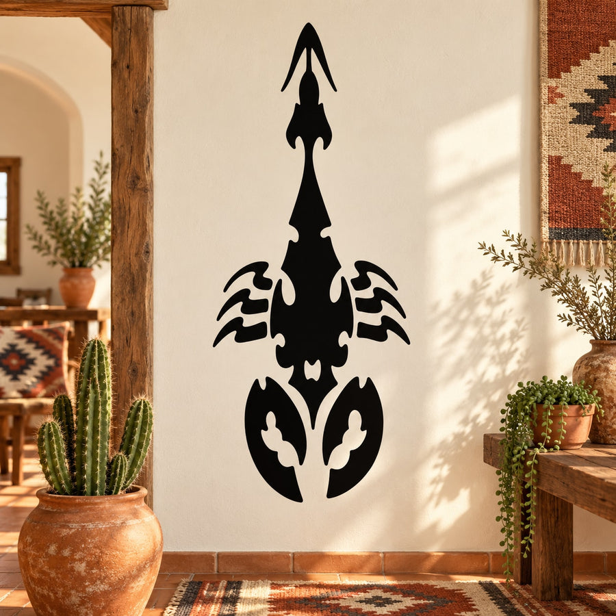 Black diving scorpion wall decal with ornate tail and clawed legs silhouette