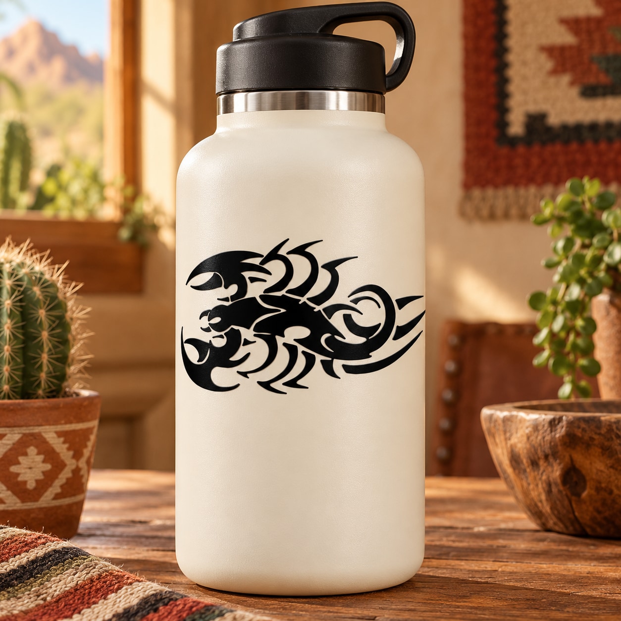 Scorpion decal in black on white water bottle