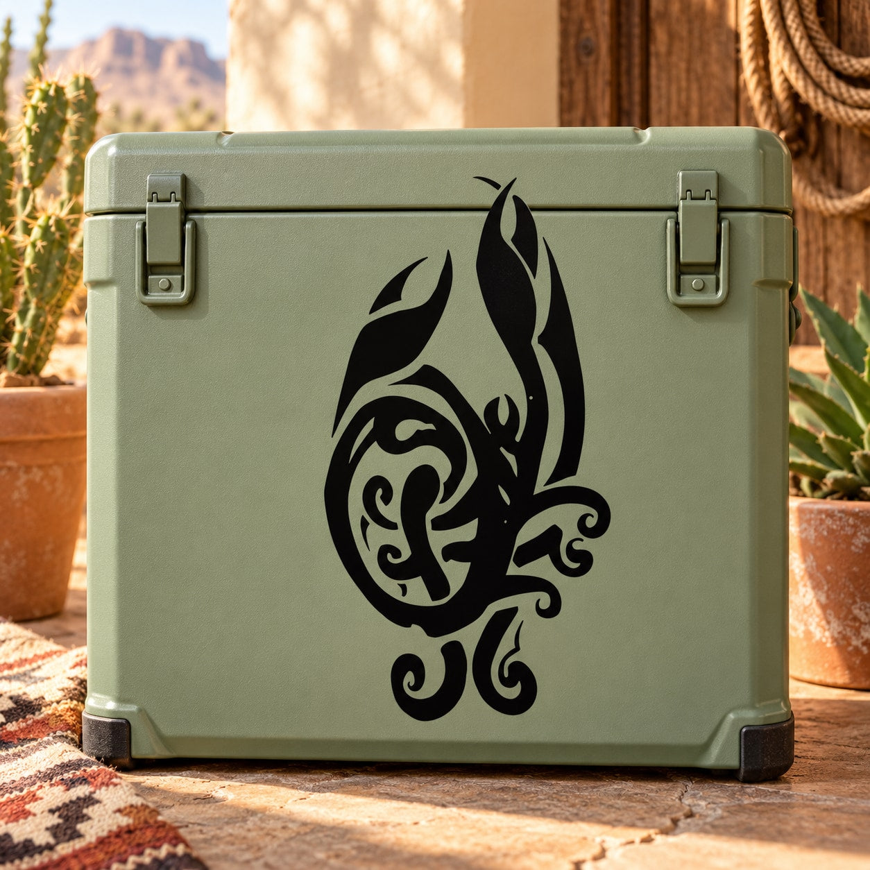 Scorpion flame decal on a green suitcase panel