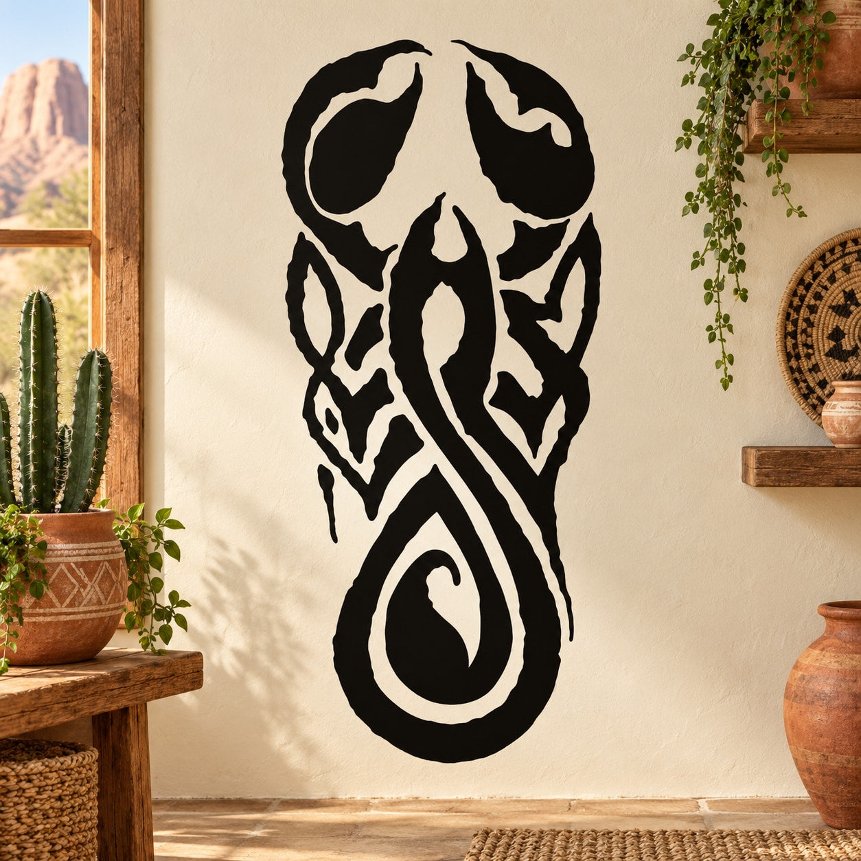Black twisted scorpion tail wall decal with stylized curled tail