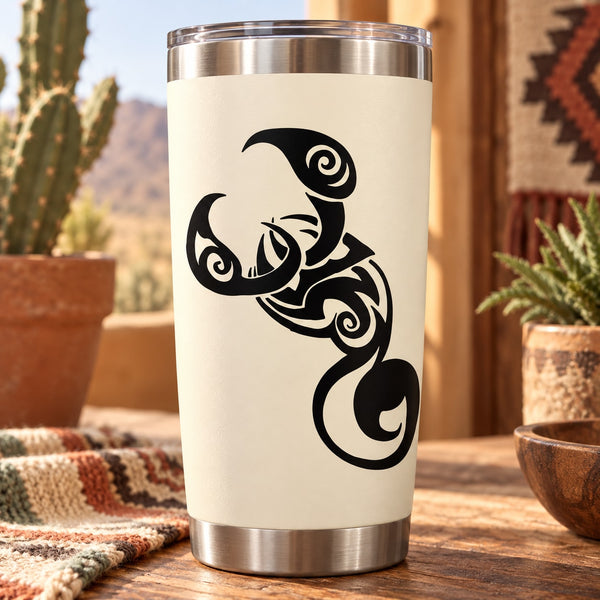 Black scorpion swirl decal on white tumbler with stainless steel lid and base