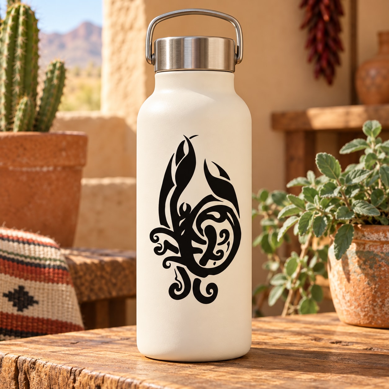 Cream water bottle with black tribal scorpion decal