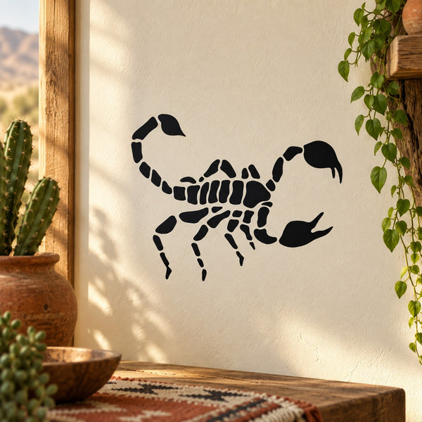 Standing scorpion decal with bold black silhouette, wall-mount sticker design