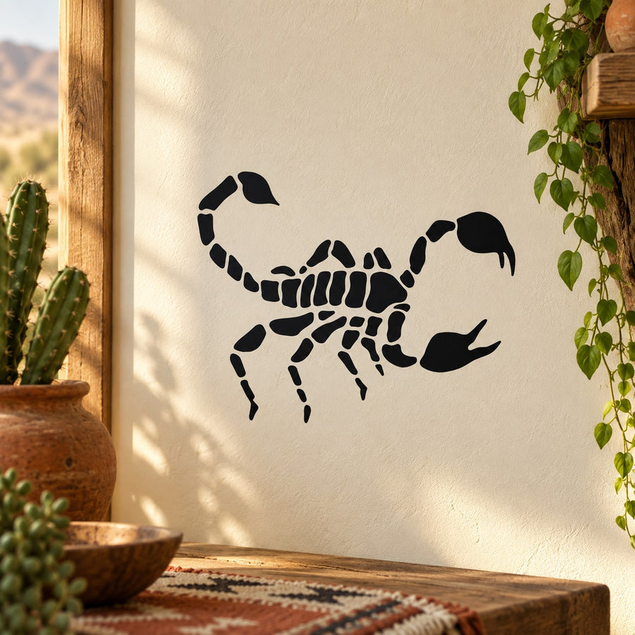 Standing scorpion decal with bold black silhouette, wall-mount sticker design