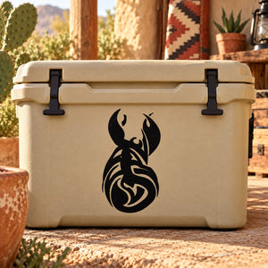 Curled scorpion decal, black silhouette on beige cooler front