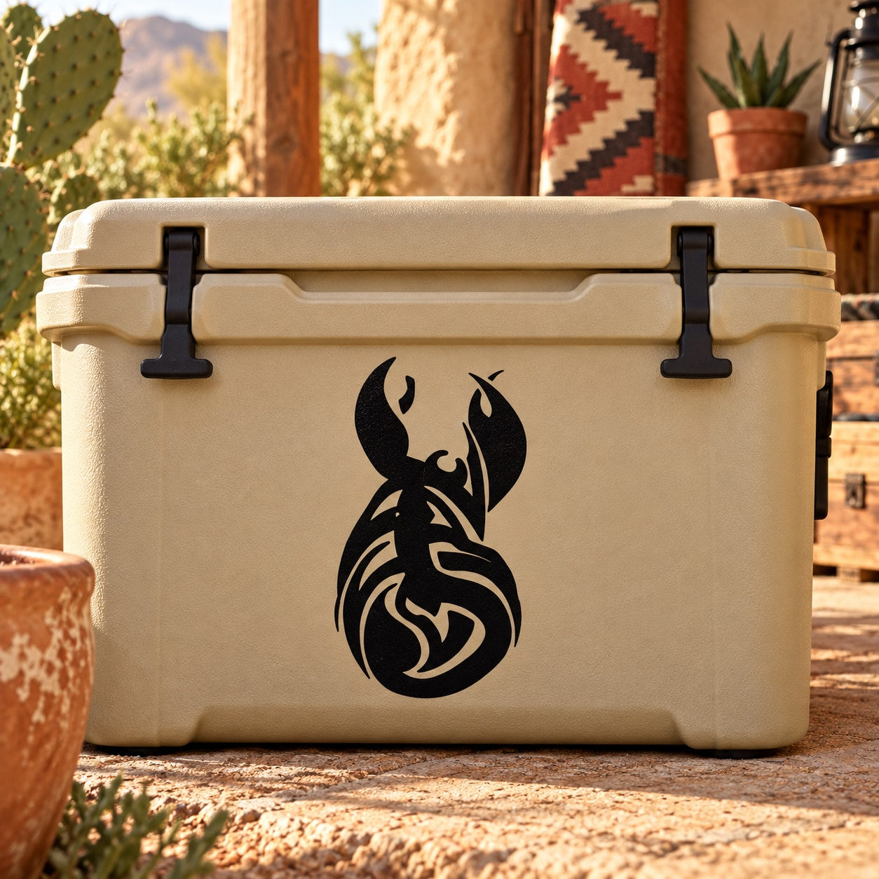Curled scorpion decal, black silhouette on beige cooler front
