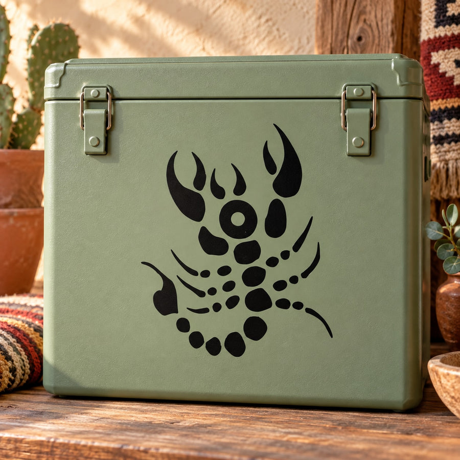 Scorpion beaded-style decal with black scorpion motif on light green surface