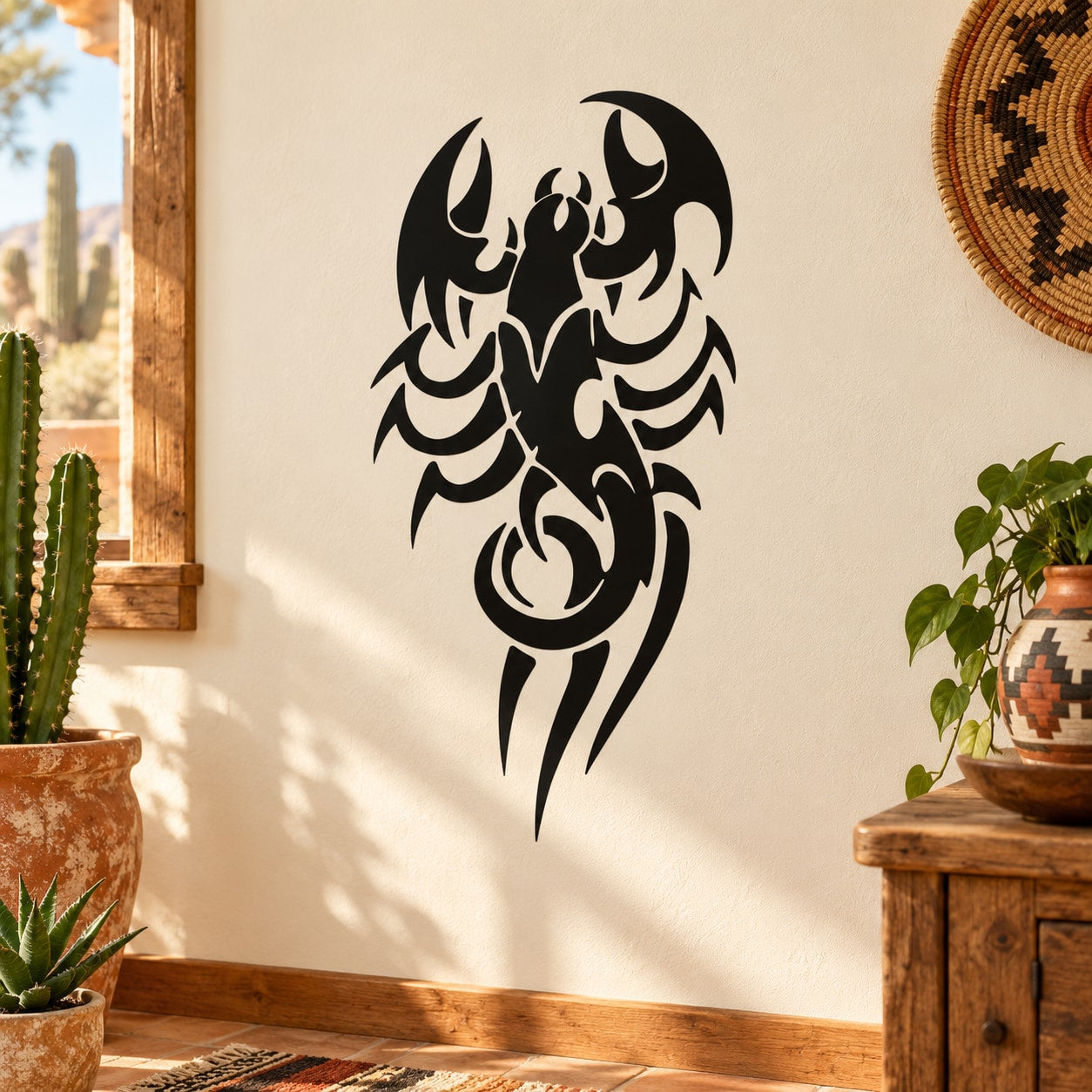 Tattoo-style scorpion wall decal with bold black silhouette
