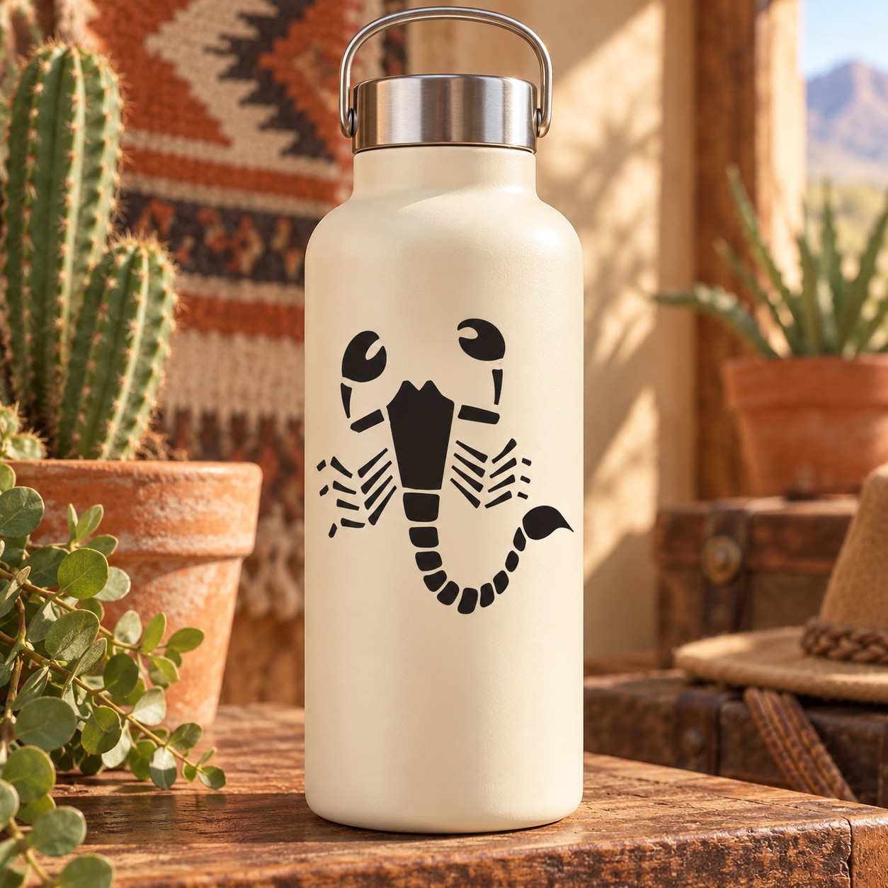 White water bottle with black scorpion decal and stainless steel cap
