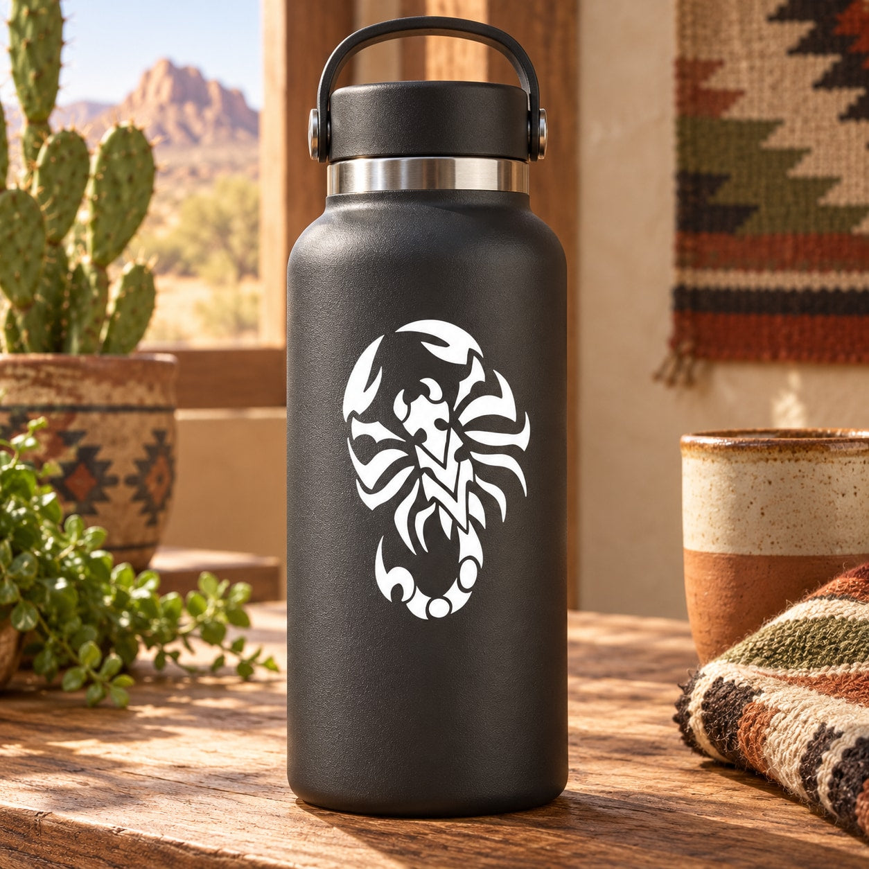 Black water bottle with white scorpion resting decal