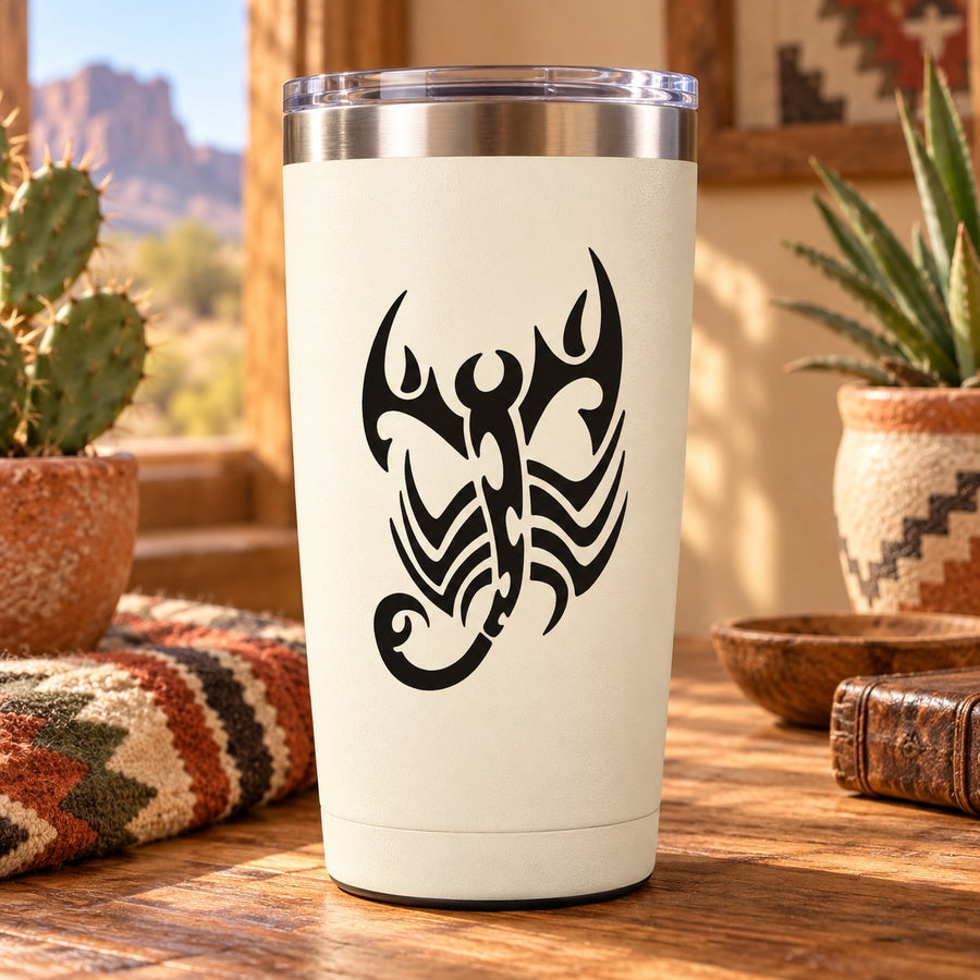 White tumbler with black scorpion decal