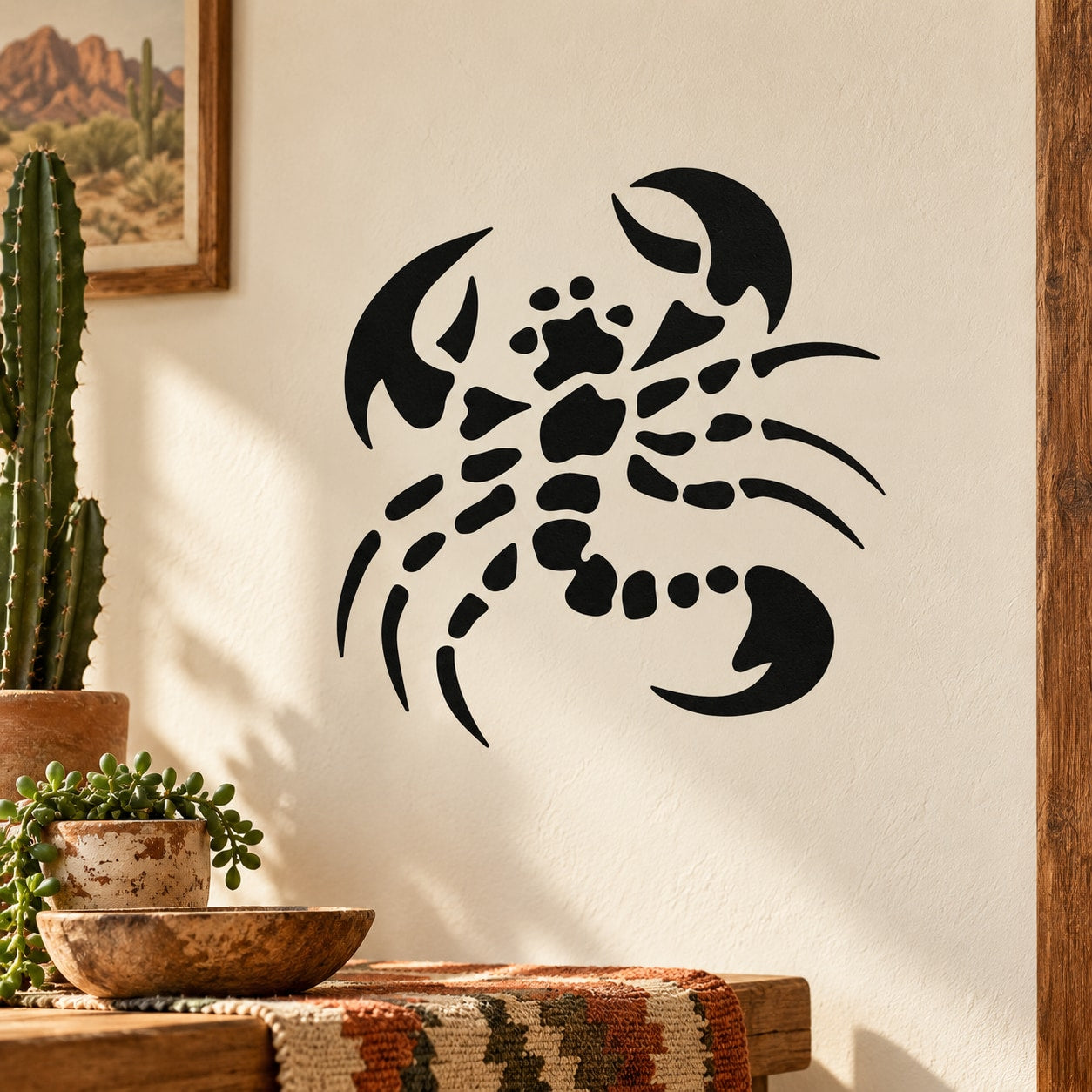 Black scorpion decal with distressed, tattered style, wall-ready sticker design