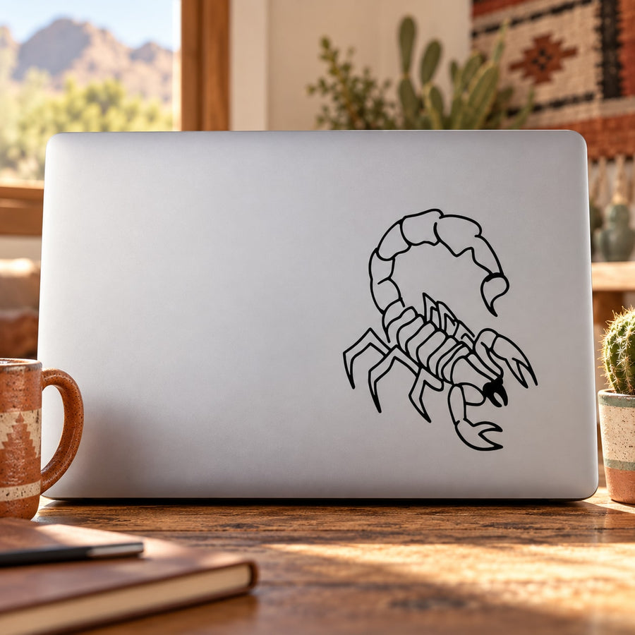 Attacking scorpion vinyl decal with black outline on light surface