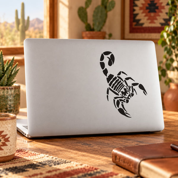 Black scorpion decal sticker on a laptop lid