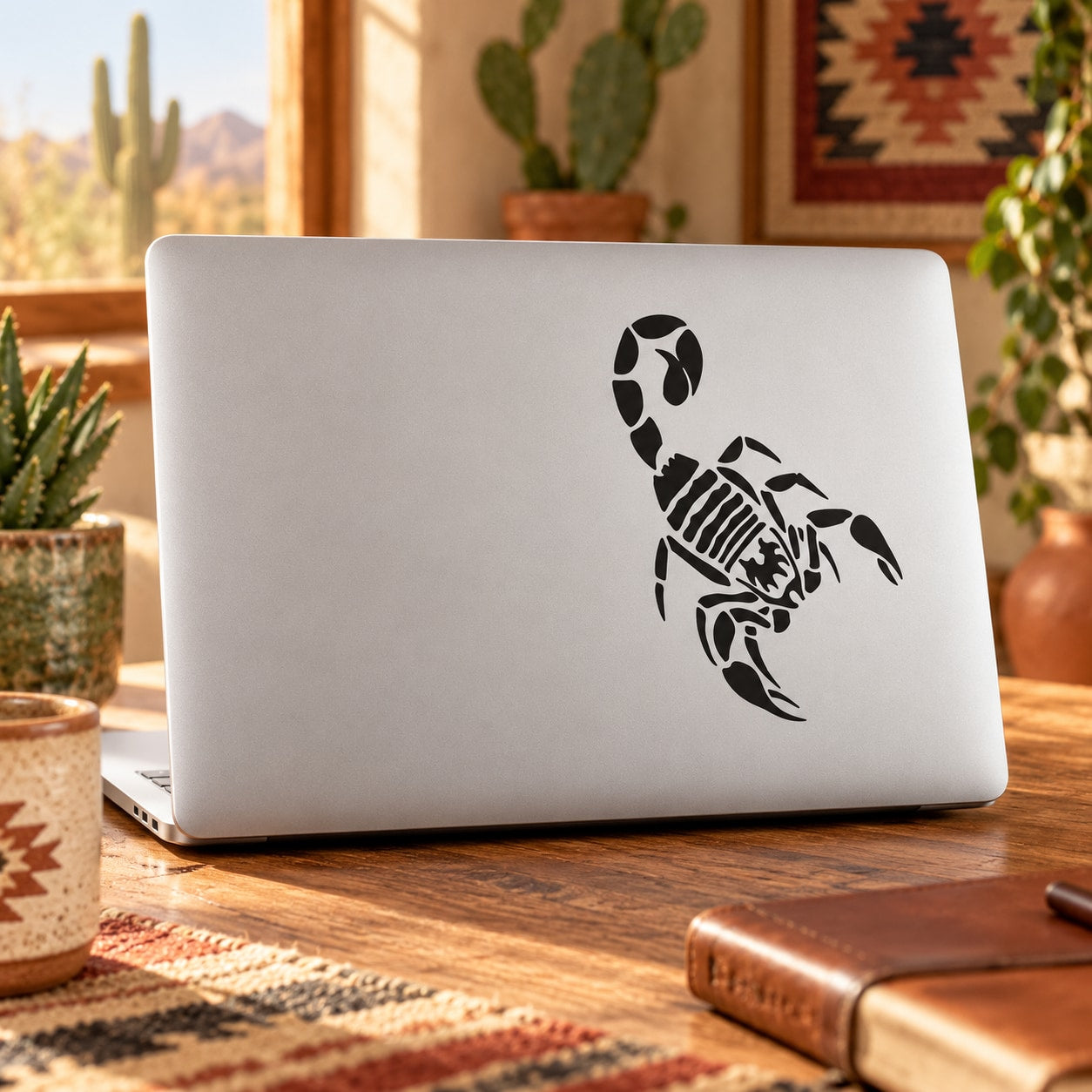 Black scorpion decal sticker on a laptop lid