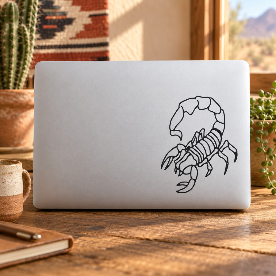 Night scorpion outline decal on light laptop lid, black line art scorpion