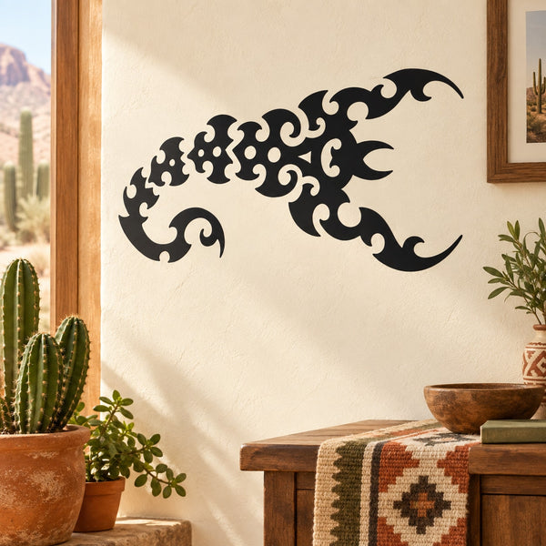 Black flame scorpion wall decal with ornate scroll pattern