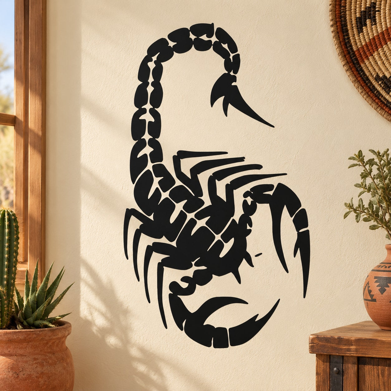 Black scorpion wall decal silhouette with curled tail and raised sting