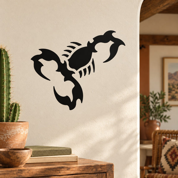 Black scorpion wall decal with wings and curved tail, vinyl sticker design