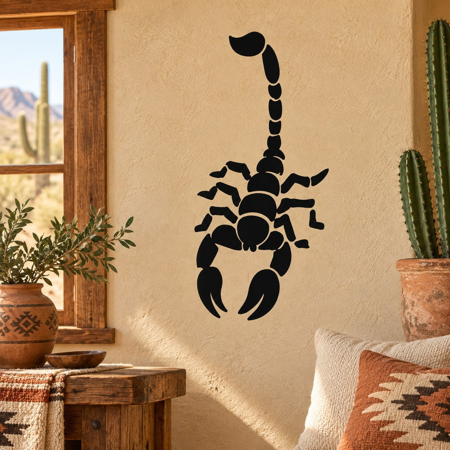 Black scorpion decal sticker with curled tail and raised pincers