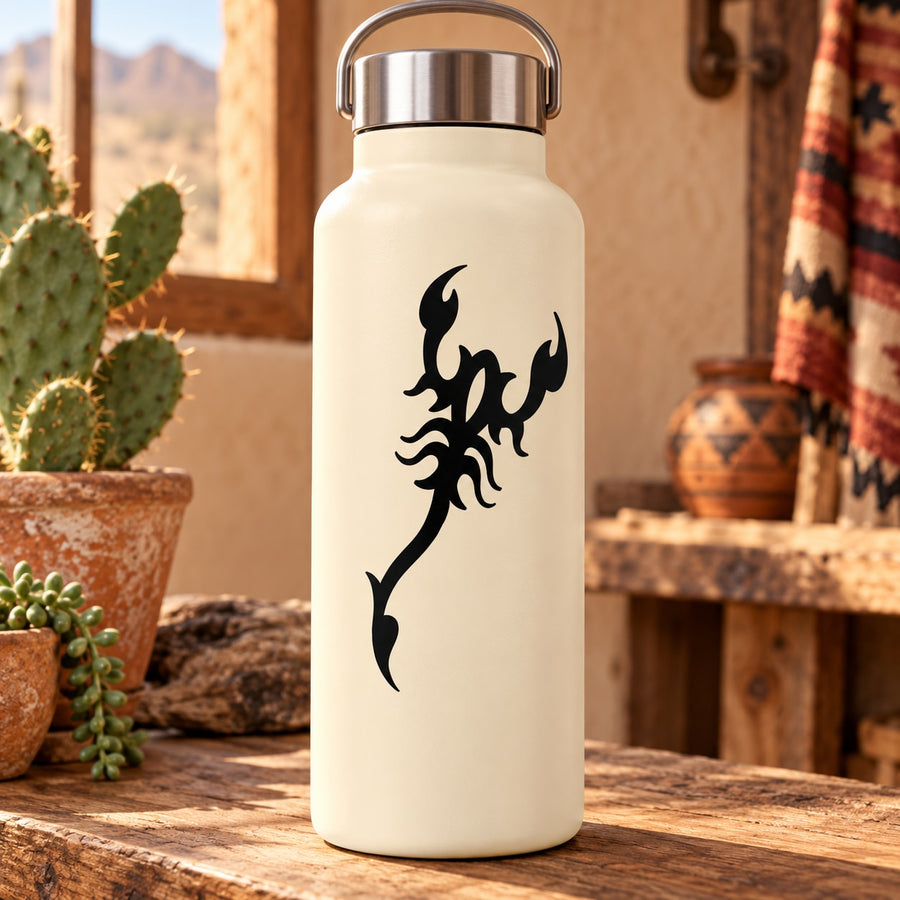 Black tribal scorpion decal on cream bottle