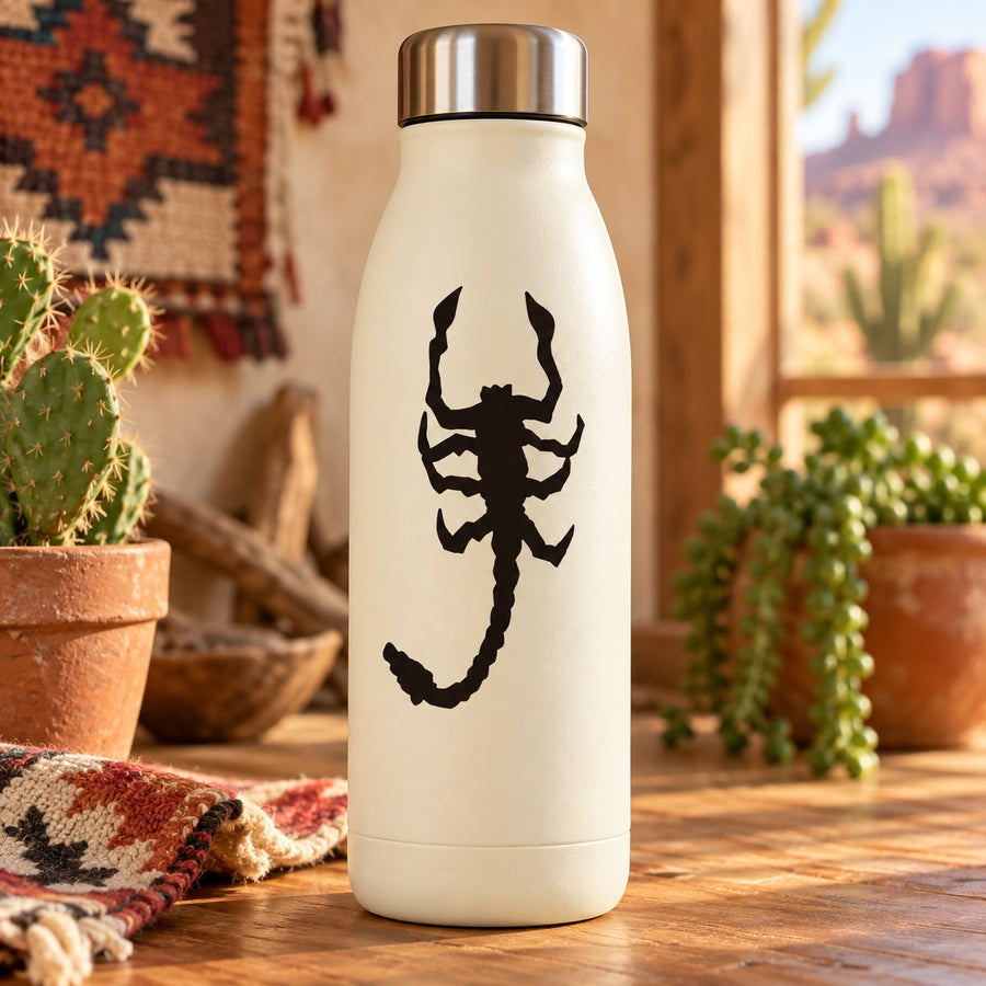 White water bottle with black scorpion decal graphic