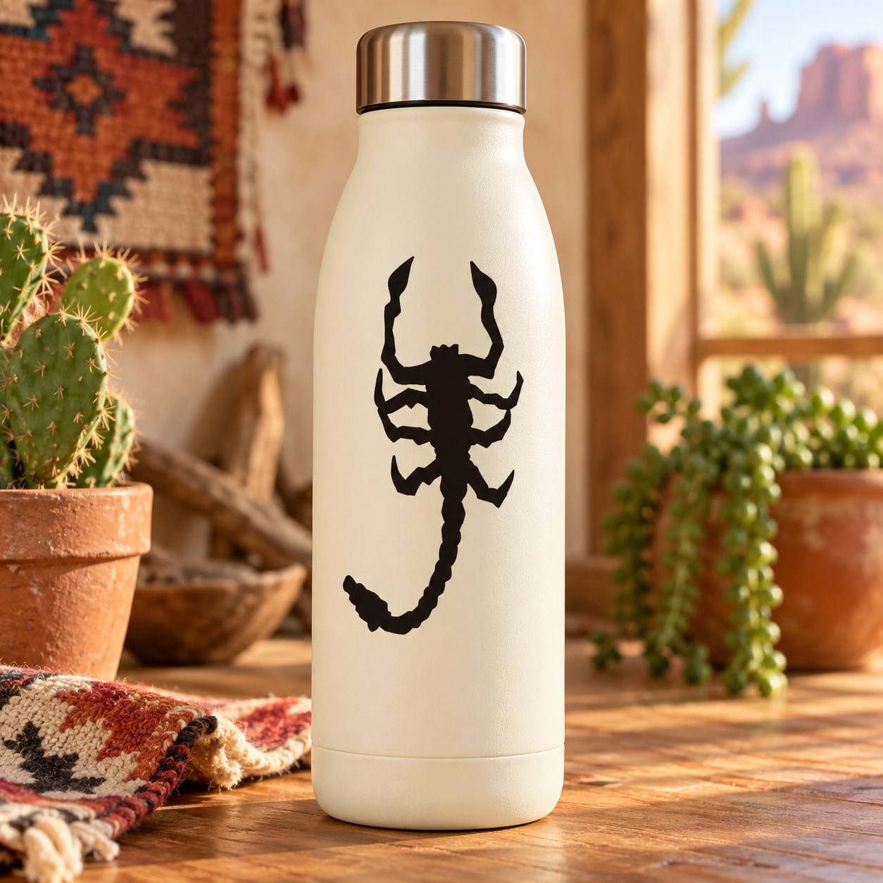 White water bottle with black scorpion decal graphic