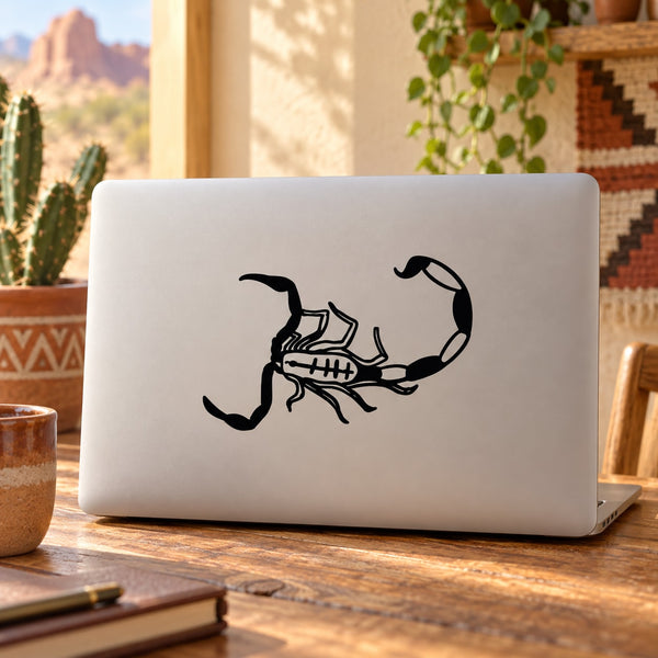 Black walking scorpion decal with stylized poison-themed design