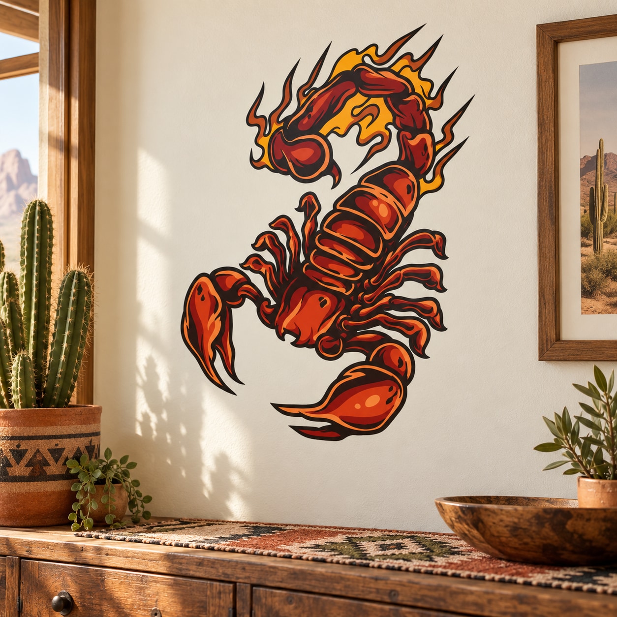 Flaming scorpion vinyl sticker with red and orange flame graphic