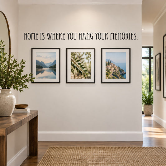 Wall decal with quote "HOME IS WHERE YOU HANG YOUR MEMORIES" in black lettering.