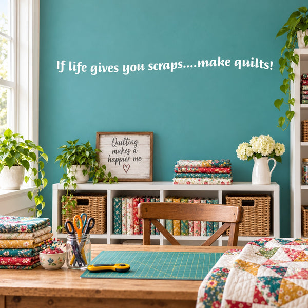 Quilting wall decal with text: “If life gives you scraps…make quilts!”