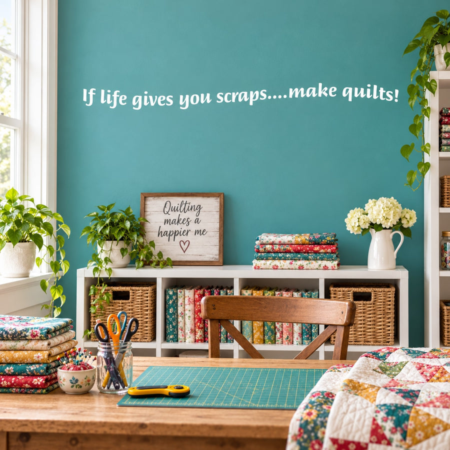 Quilting wall decal with text: “If life gives you scraps…make quilts!”